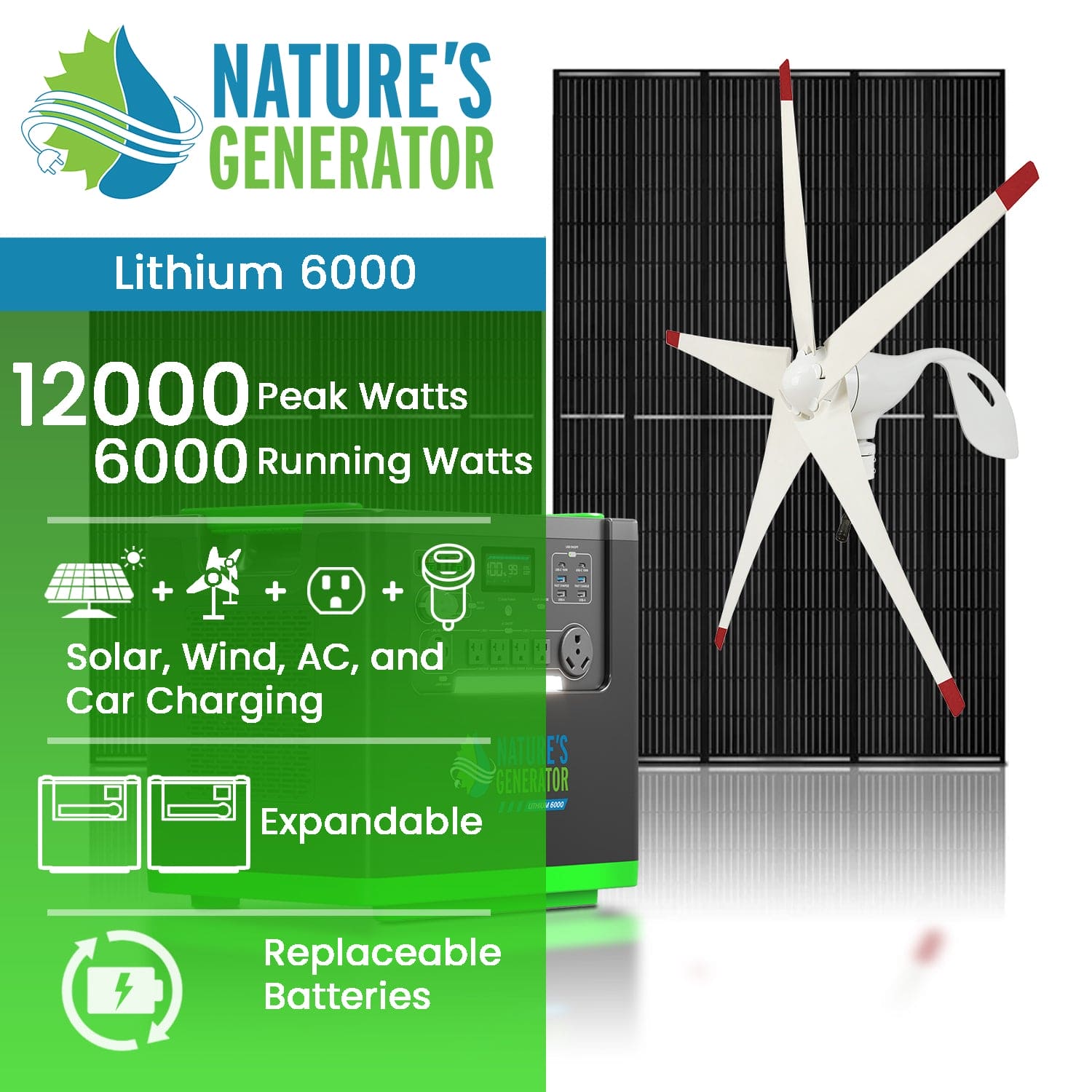 Nature's Generator Lithium 6000 with Solar Panels and Wind Turbine Secondary image